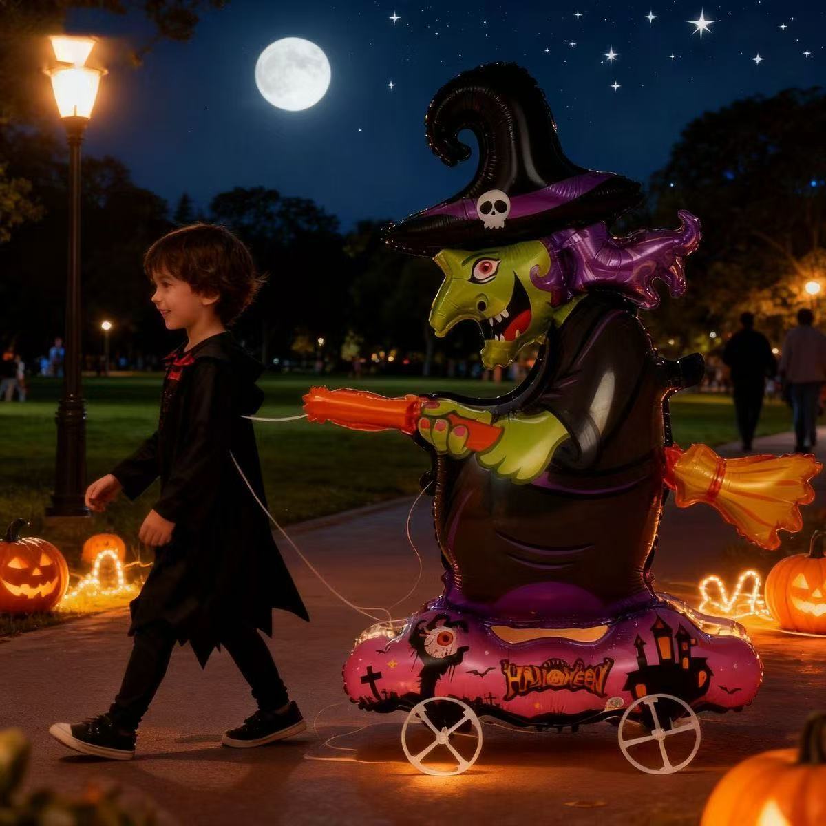 Halloween theme witch cat with wheels can walk balloon decoration atmosphere layout children's photo props