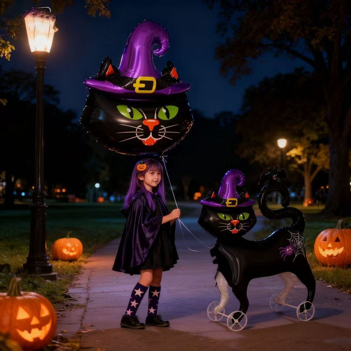 Halloween theme witch cat with wheels can walk balloon decoration atmosphere layout children's photo props