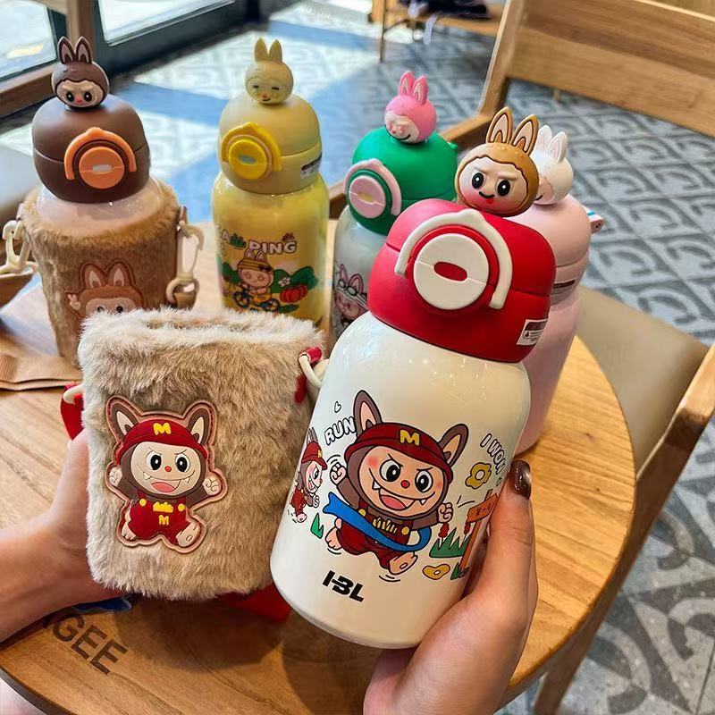 labubu children's thermos cup cute cartoon student double drinking straw water cup boys and girls kindergarten portable kettle