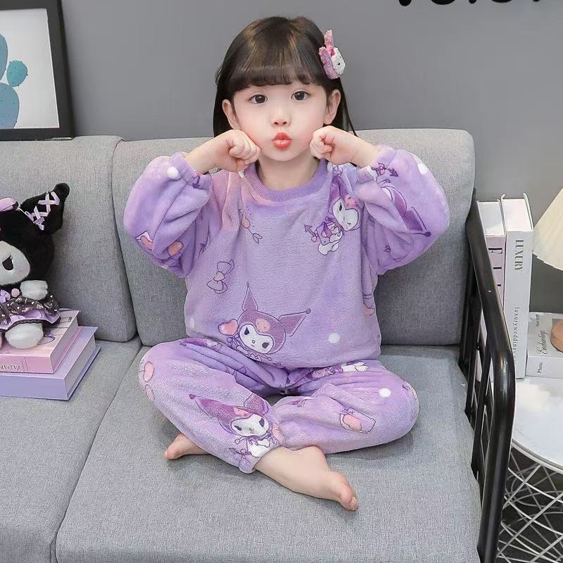 Children's flannel pajamas autumn and winter thickened girls Kuromi coral fleece home clothes baby winter warm suit