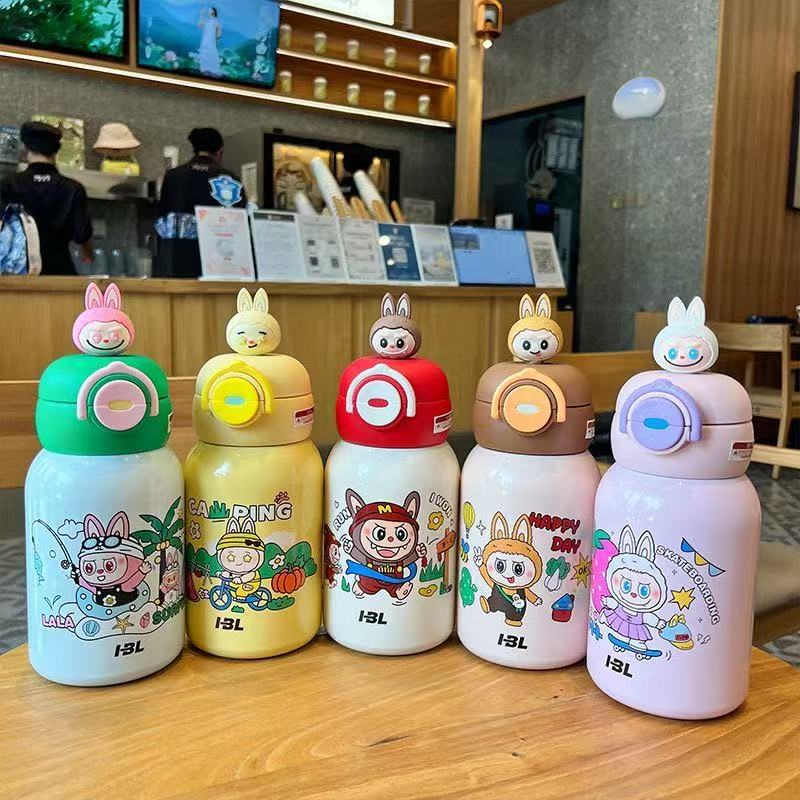 labubu children's thermos cup cute cartoon student double drinking straw water cup boys and girls kindergarten portable kettle