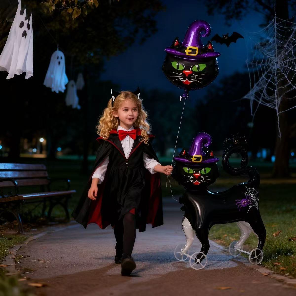 Halloween theme witch cat with wheels can walk balloon decoration atmosphere layout children's photo props