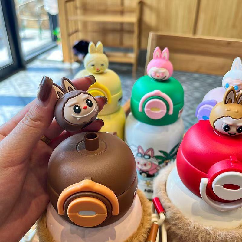 labubu children's thermos cup cute cartoon student double drinking straw water cup boys and girls kindergarten portable kettle