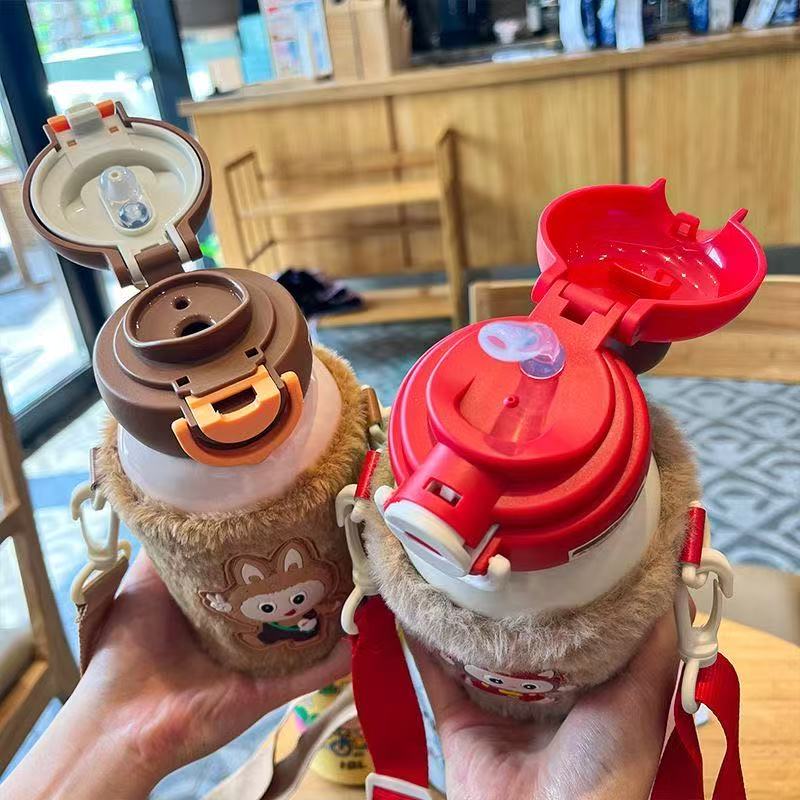 labubu children's thermos cup cute cartoon student double drinking straw water cup boys and girls kindergarten portable kettle
