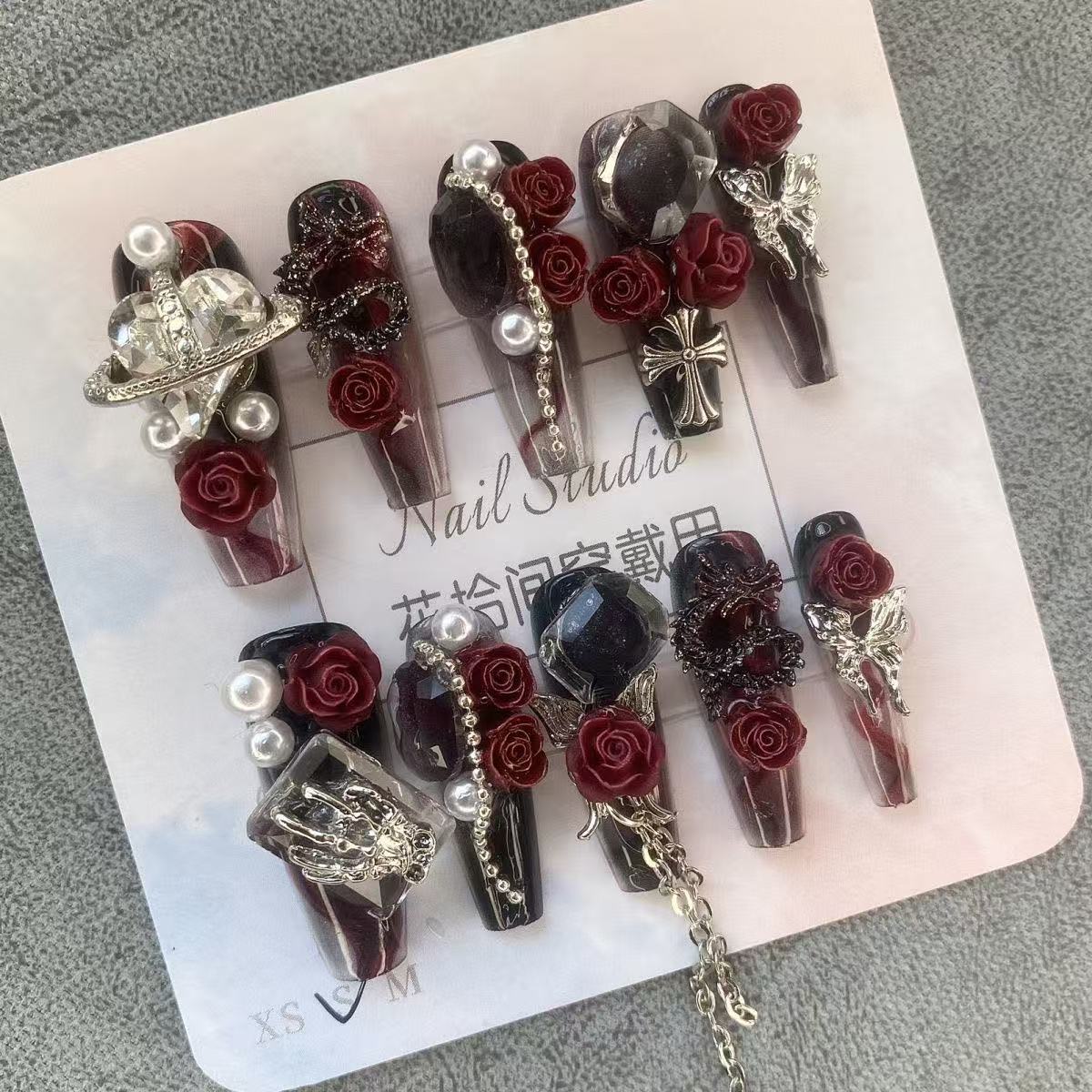Original heavy-duty gothic handmade hottie Ankora red metal wear European and American nail art rose dark new year