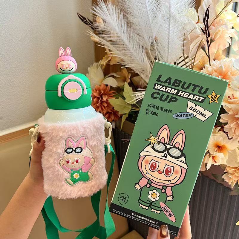 labubu children's thermos cup cute cartoon student double drinking straw water cup boys and girls kindergarten portable kettle
