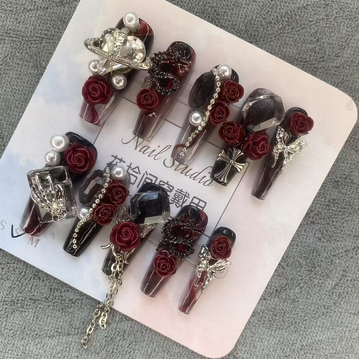 Original heavy-duty gothic handmade hottie Ankora red metal wear European and American nail art rose dark new year