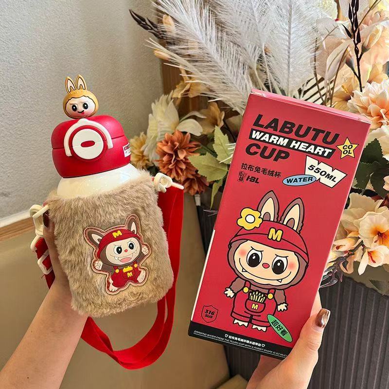 labubu children's thermos cup cute cartoon student double drinking straw water cup boys and girls kindergarten portable kettle