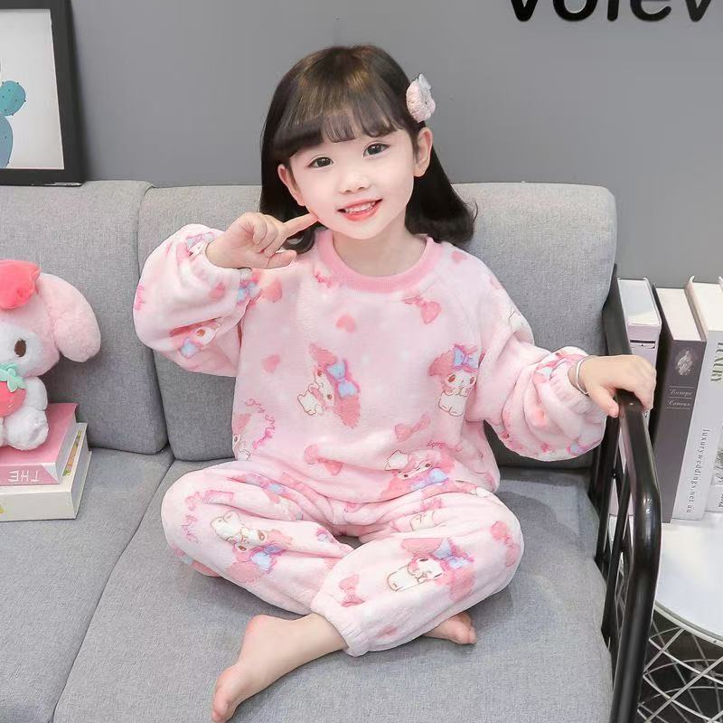 Children's flannel pajamas autumn and winter thickened girls Kuromi coral fleece home clothes baby winter warm suit