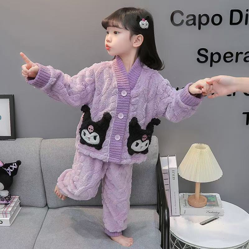 Children's flannel pajamas autumn and winter thickened girls Kuromi coral fleece home clothes baby winter warm suit