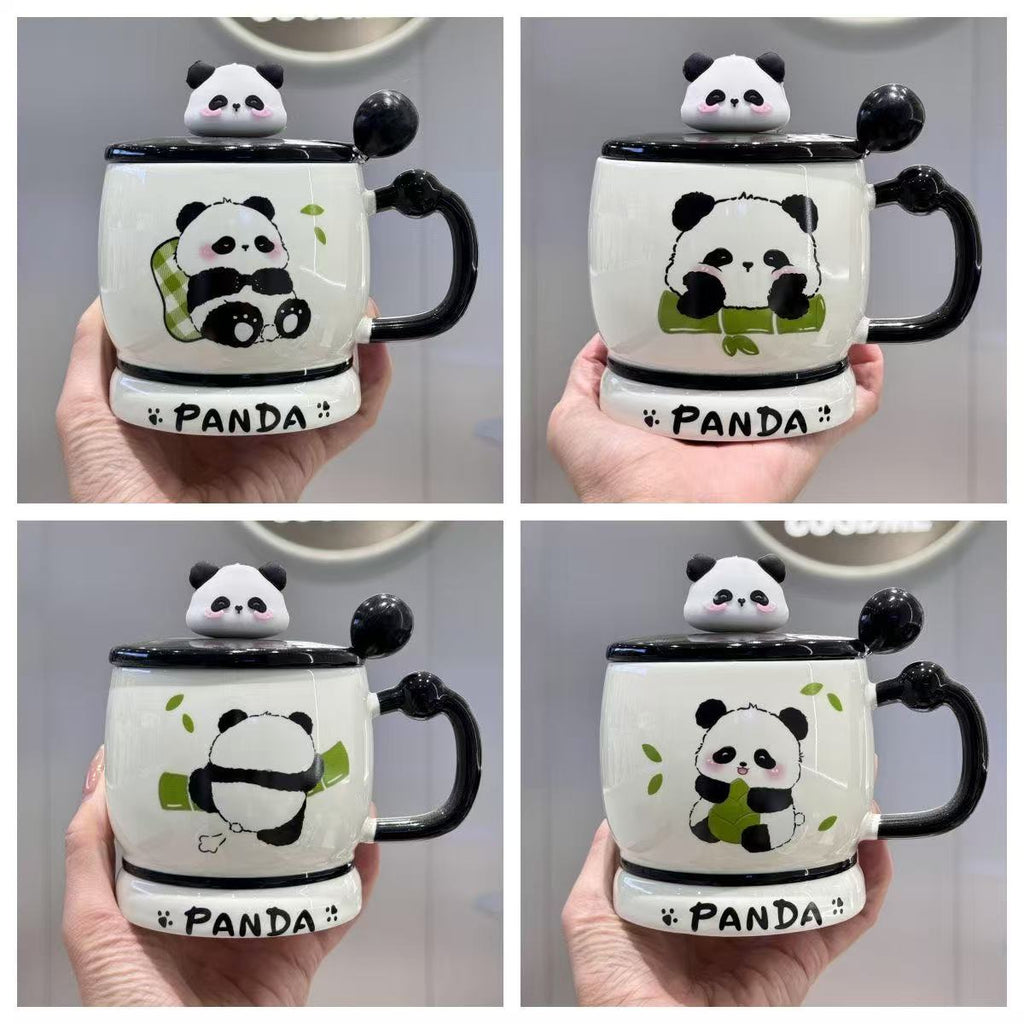 Cute panda, mug, ceramic cup with lid and spoon for couples, coffee cup, milk cup, birthday gift