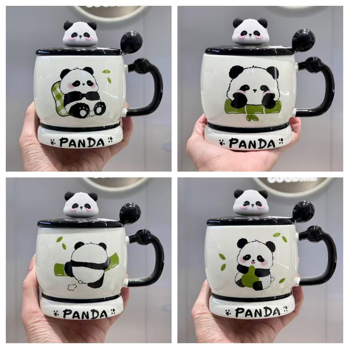 Cute panda, mug, ceramic cup with lid and spoon for couples, coffee cup, milk cup, birthday gift