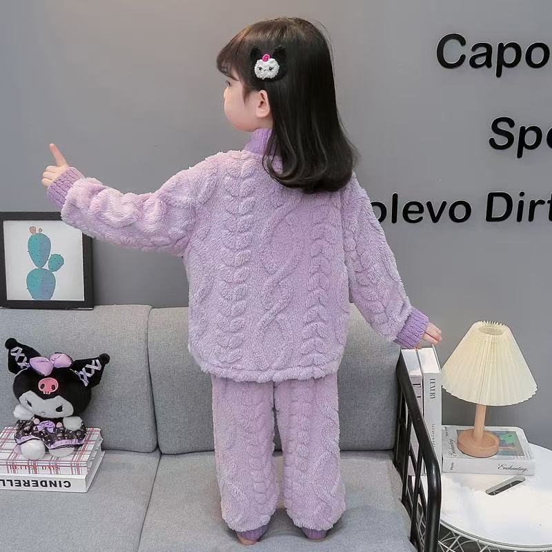 Children's flannel pajamas autumn and winter thickened girls Kuromi coral fleece home clothes baby winter warm suit