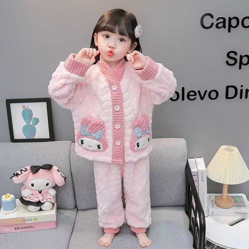 Children's flannel pajamas autumn and winter thickened girls Kuromi coral fleece home clothes baby winter warm suit